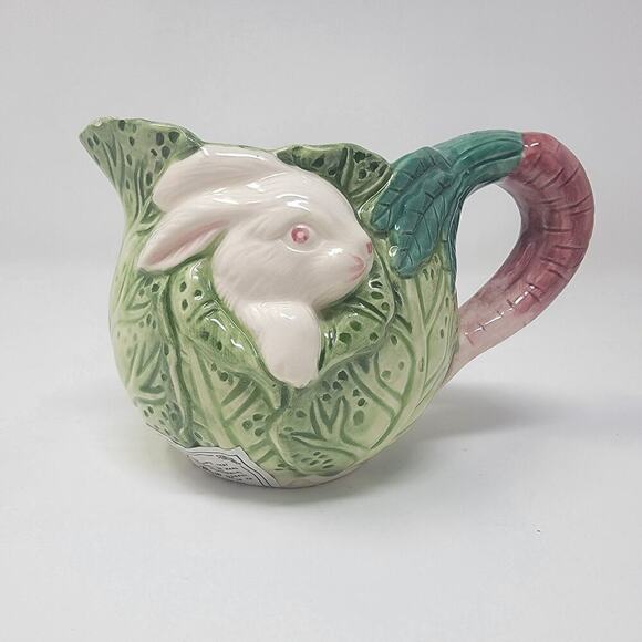 Vintage Bunny Lane By Strata White Rabbit Green Cabbage Easter Tea Pot W/ Lid - Picture 14 of 16